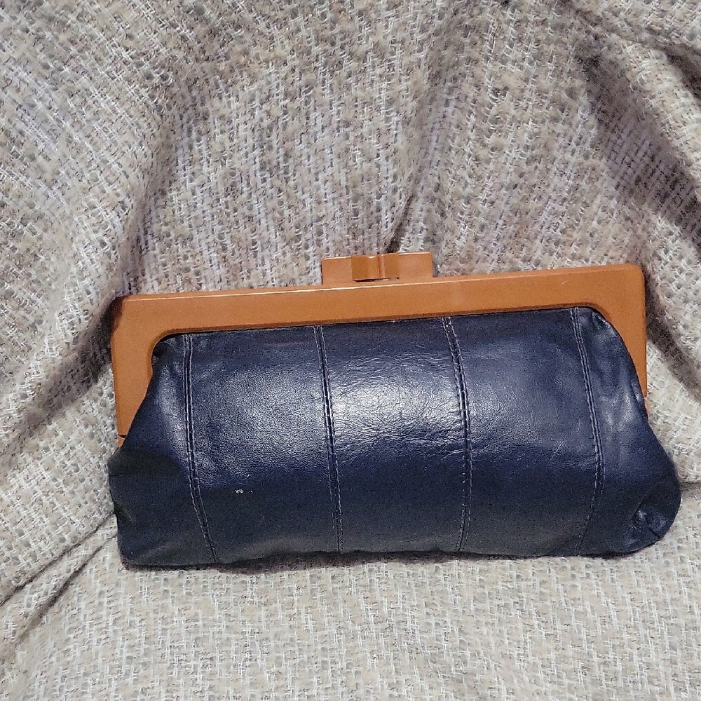 Vintage Leather & Bakelite Navy and Tan Clutch